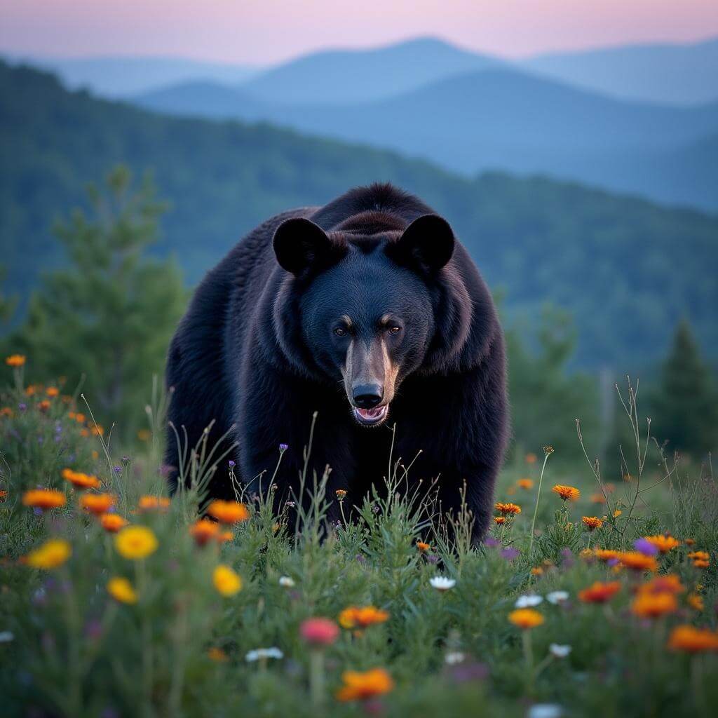 Black bear foraging in a mountain meadow with wildflowers and misty Blue Ridge mountains in the background at dusk