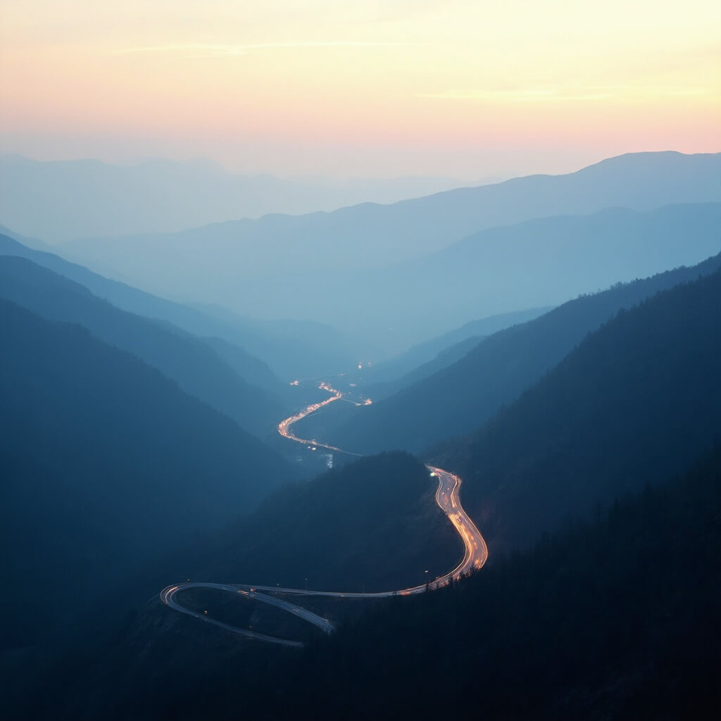 Sunrise over the Blue Ridge Parkway winding through misty Appalachian mountains with layers of blue-green ranges