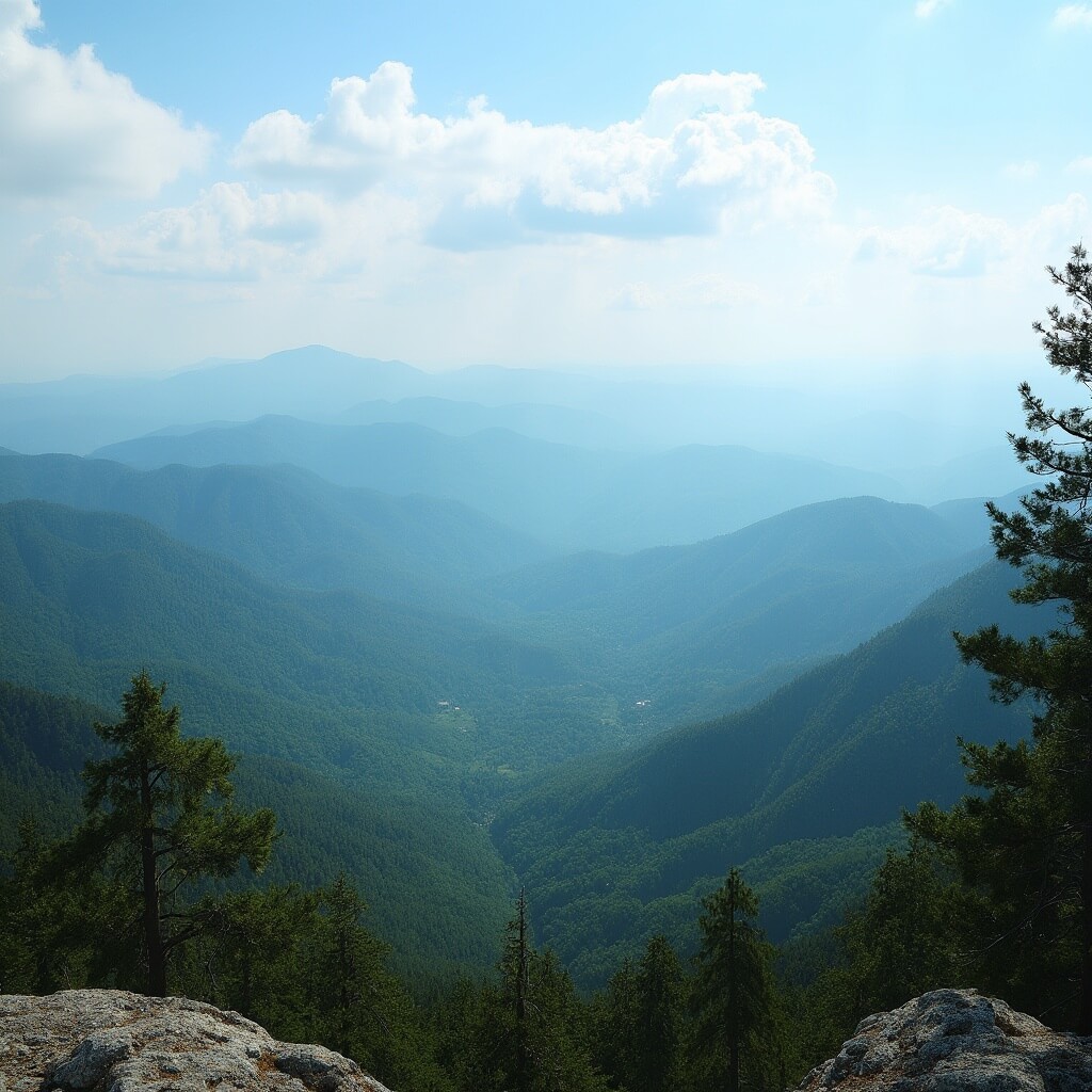 Panoramic view of Blue Ridge Mountains with rolling peaks, dense forests, distant valleys and drifting clouds