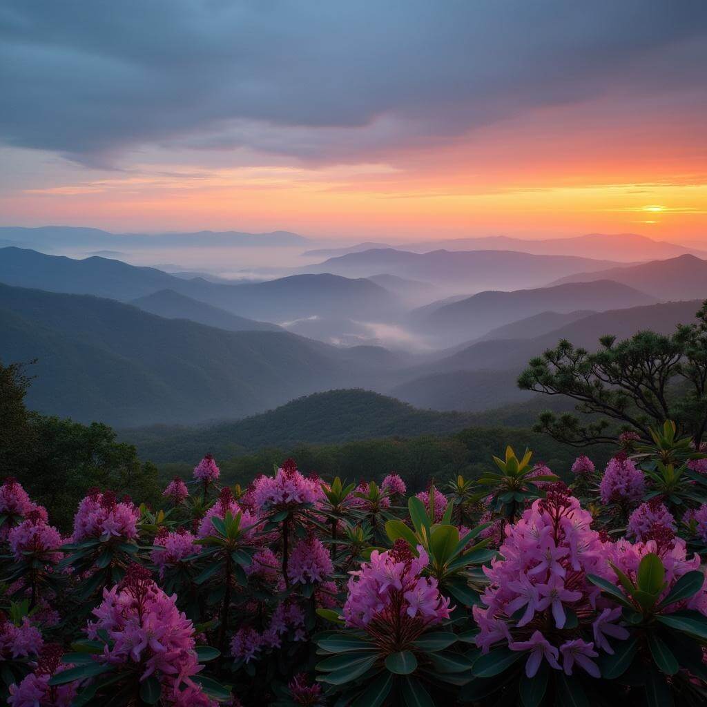Dramatic sunrise over layered Blue Ridge Mountains with morning fog in valleys and pink rhododendrons in foreground