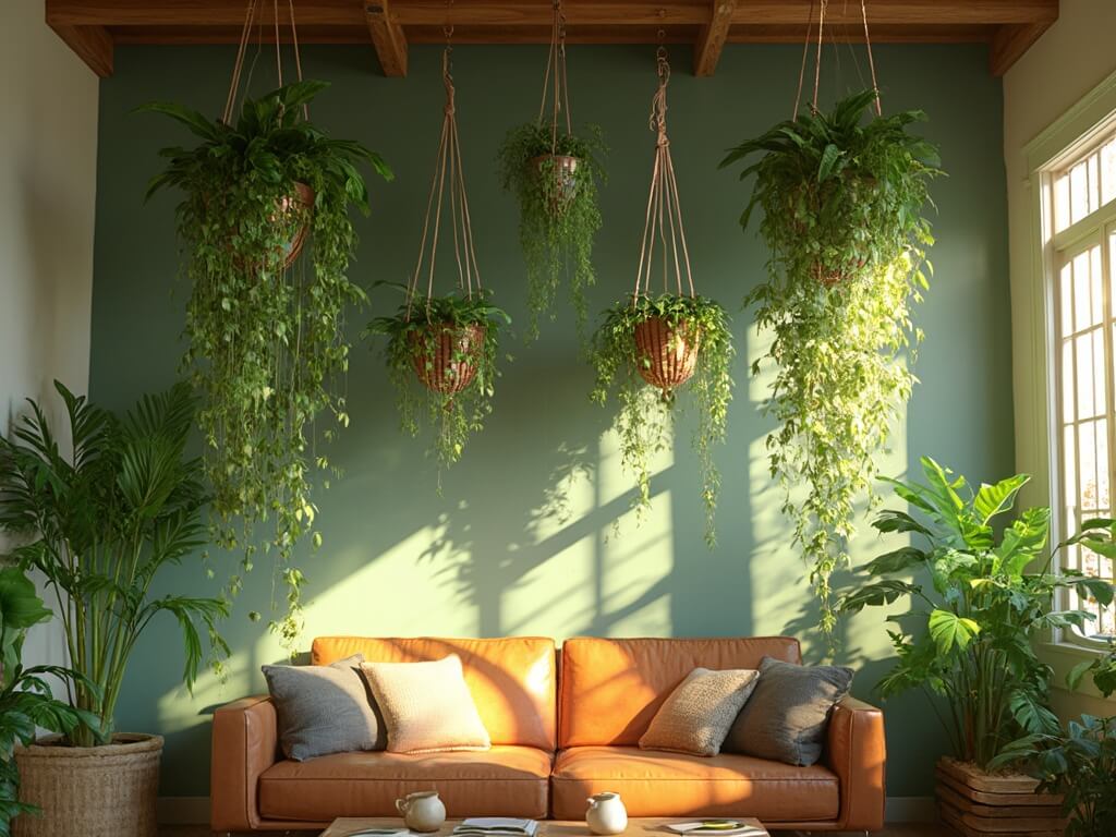 "Sunlit bohemian living room with cathedral ceilings and hanging plants against sage green wall"