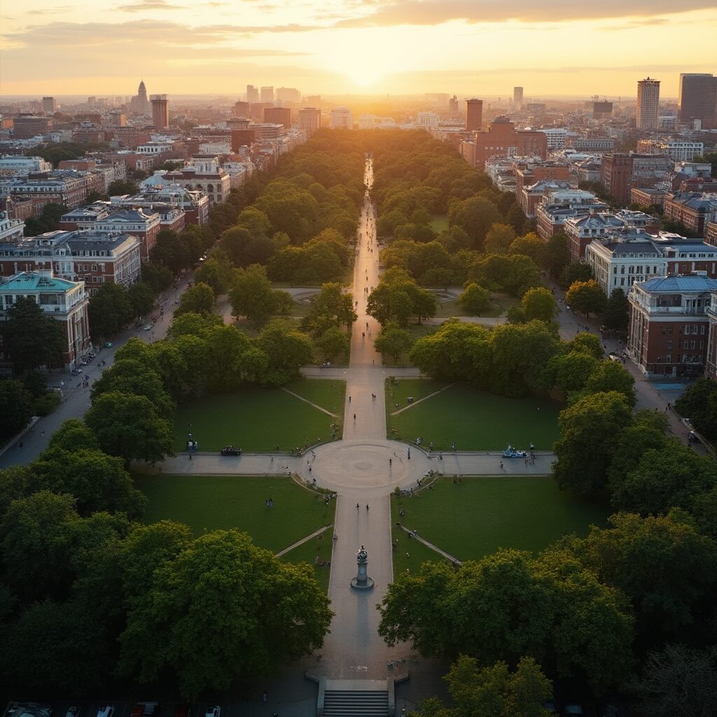 Aerial view of Boston Common at golden hour highlighting historic trees, paths, and surrounding historic buildings