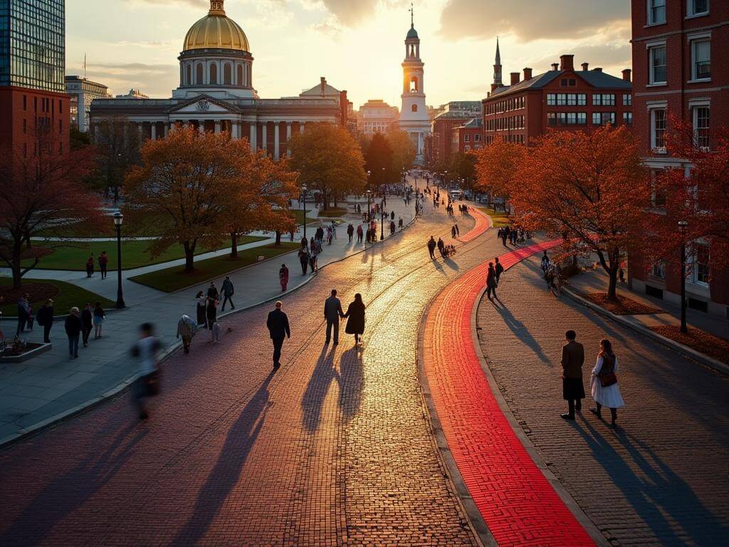 "Aerial view of Boston's Freedom Trail glowing red amidst cobblestone streets, with the gold-domed Massachusetts State House upfront, Old North Church in the background, American flags, period-costumed tour guides, and autumn-colored trees lining up the scene during golden hour."
