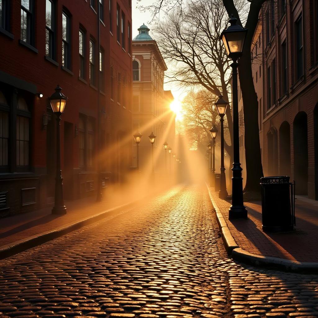 Dramatic sunrise over Boston's cobblestone Freedom Trail with golden light on red brick buildings, historic street lamps, and mist hovering over ground