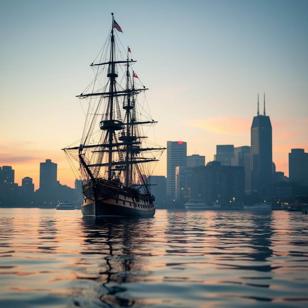 Dawn at Boston Harbor with silhouette of USS Constitution tall ship and soft-focus skyline