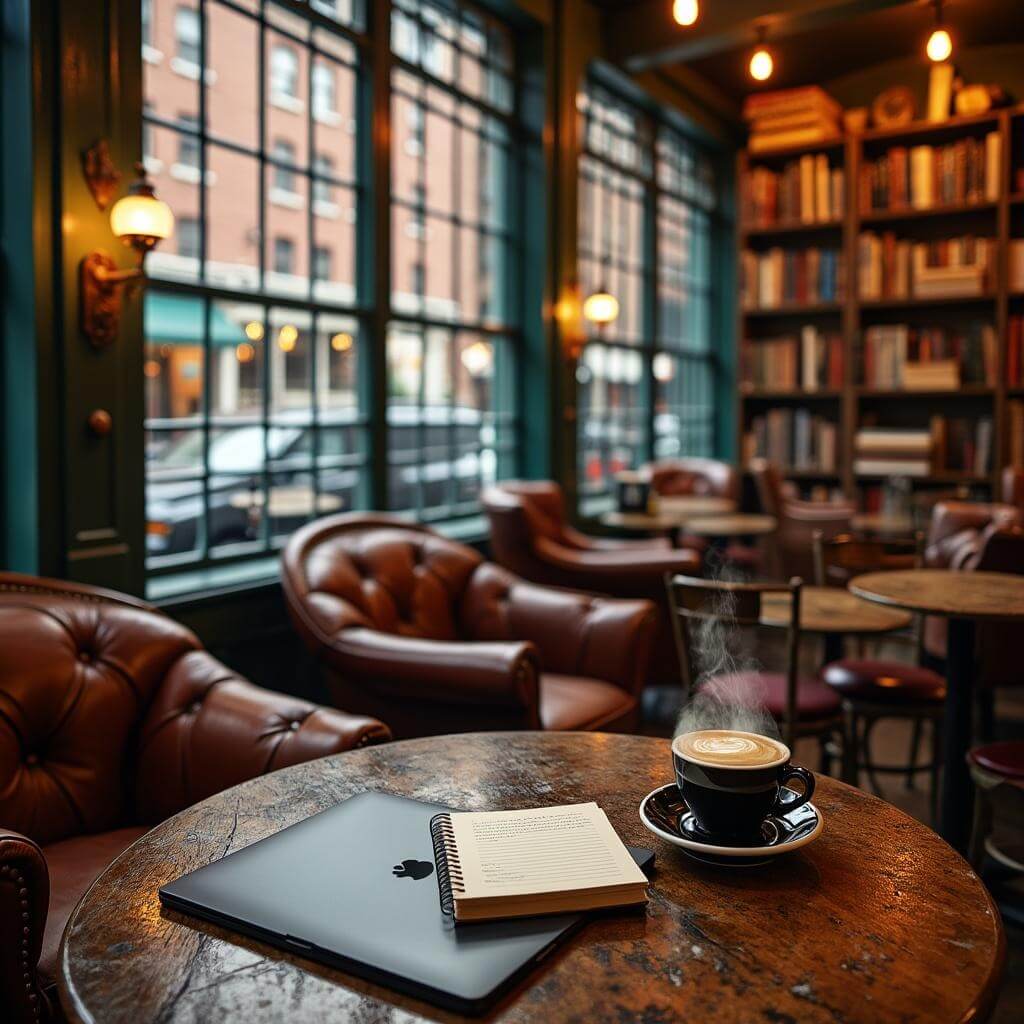 Cozy literary café interior in Boston with warm lighting, vintage leather armchairs, modern workstations, laptops, traditional notebooks and coffee cups on wooden tables.
