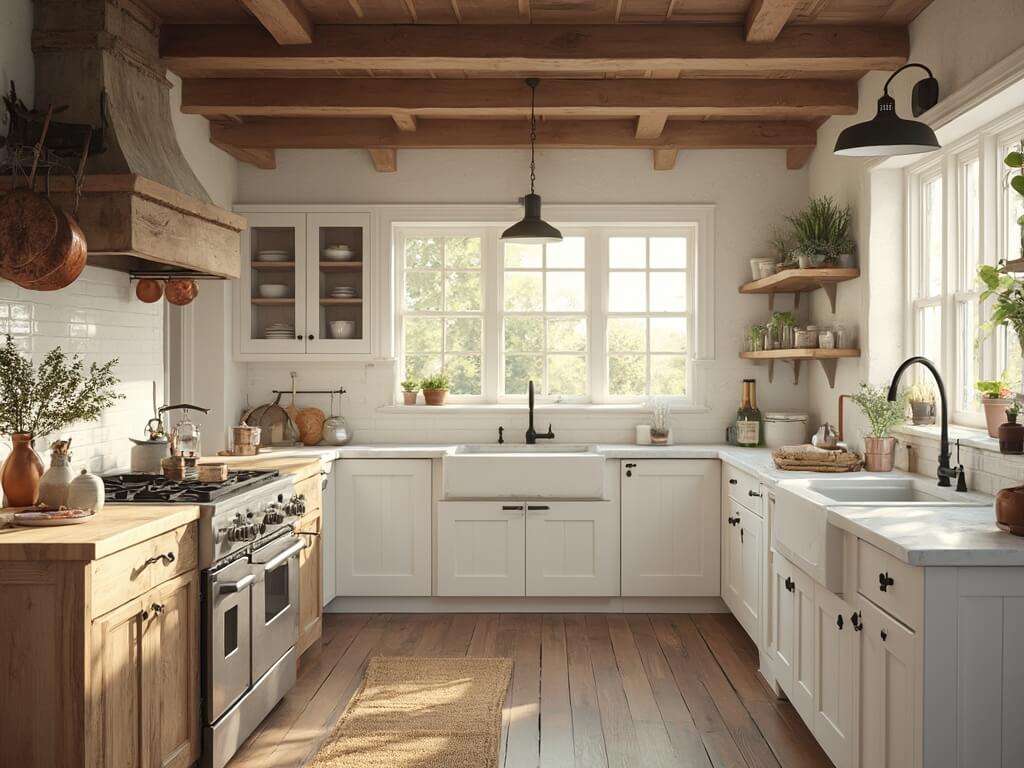 "Bright farmhouse kitchen with white cabinets, marble-top island, and natural sunlight"