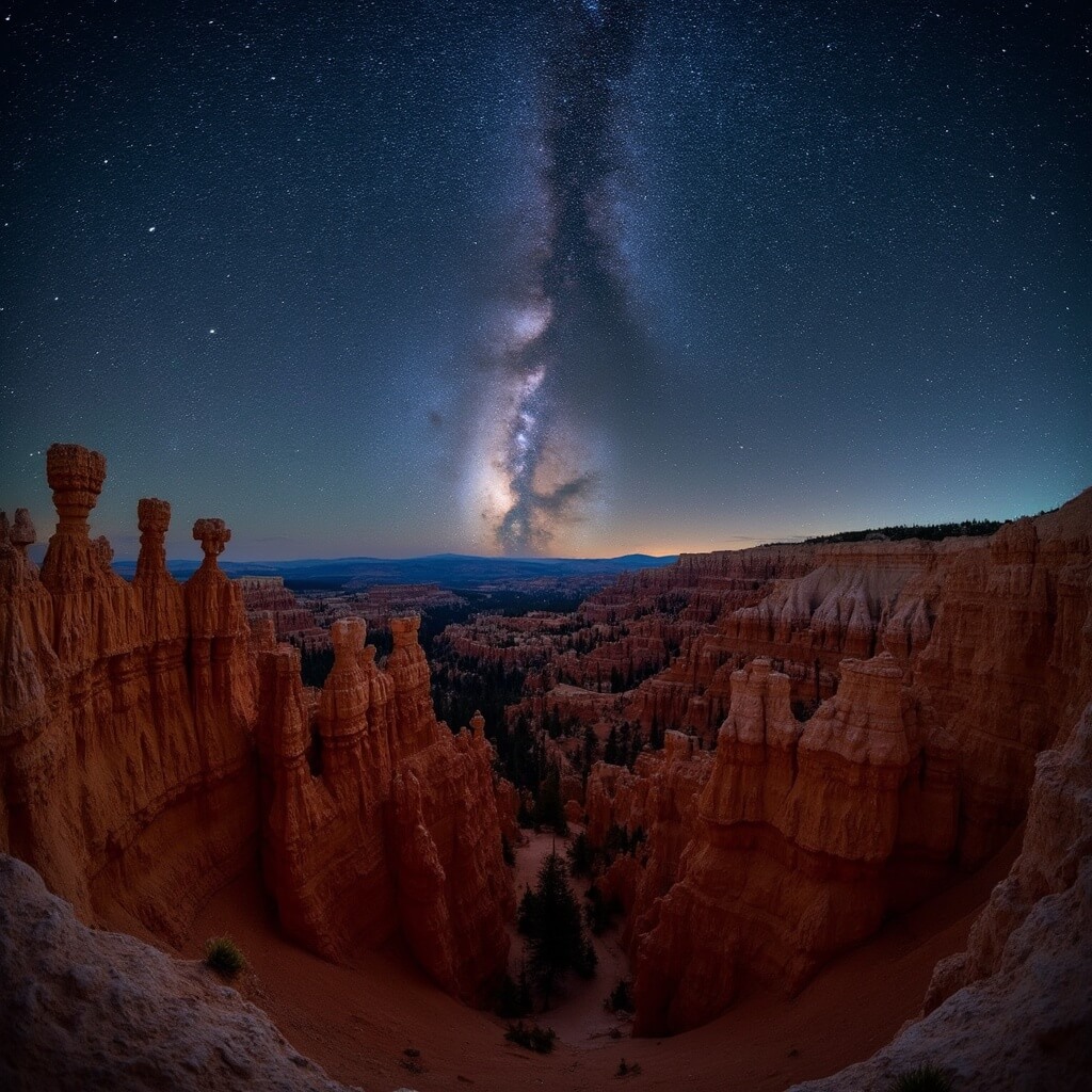 Bryce Canyon's red rock formations silhouetted against the Milky Way galaxy at night