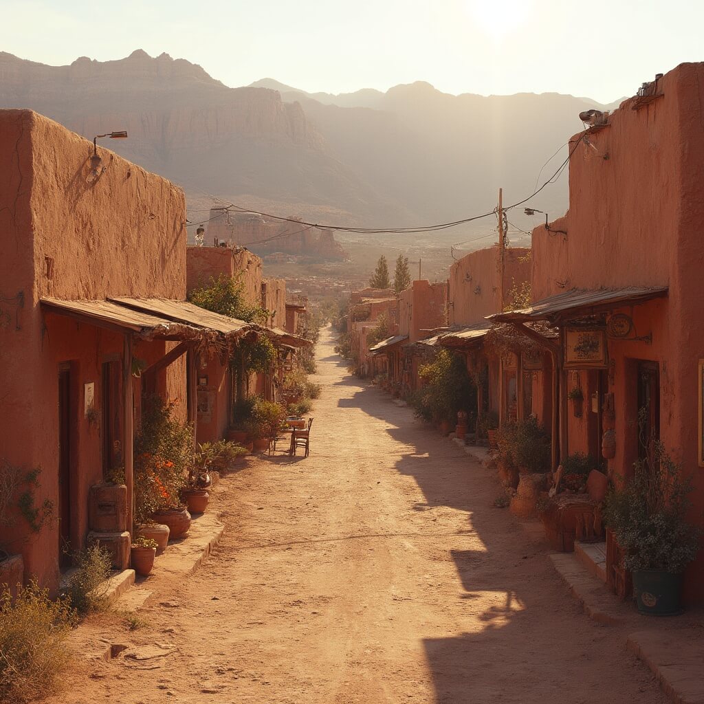 Panoramic view of Canyon Road at golden hour highlighting terracotta-colored adobe galleries and Southwestern architecture, bathed in soft evening light