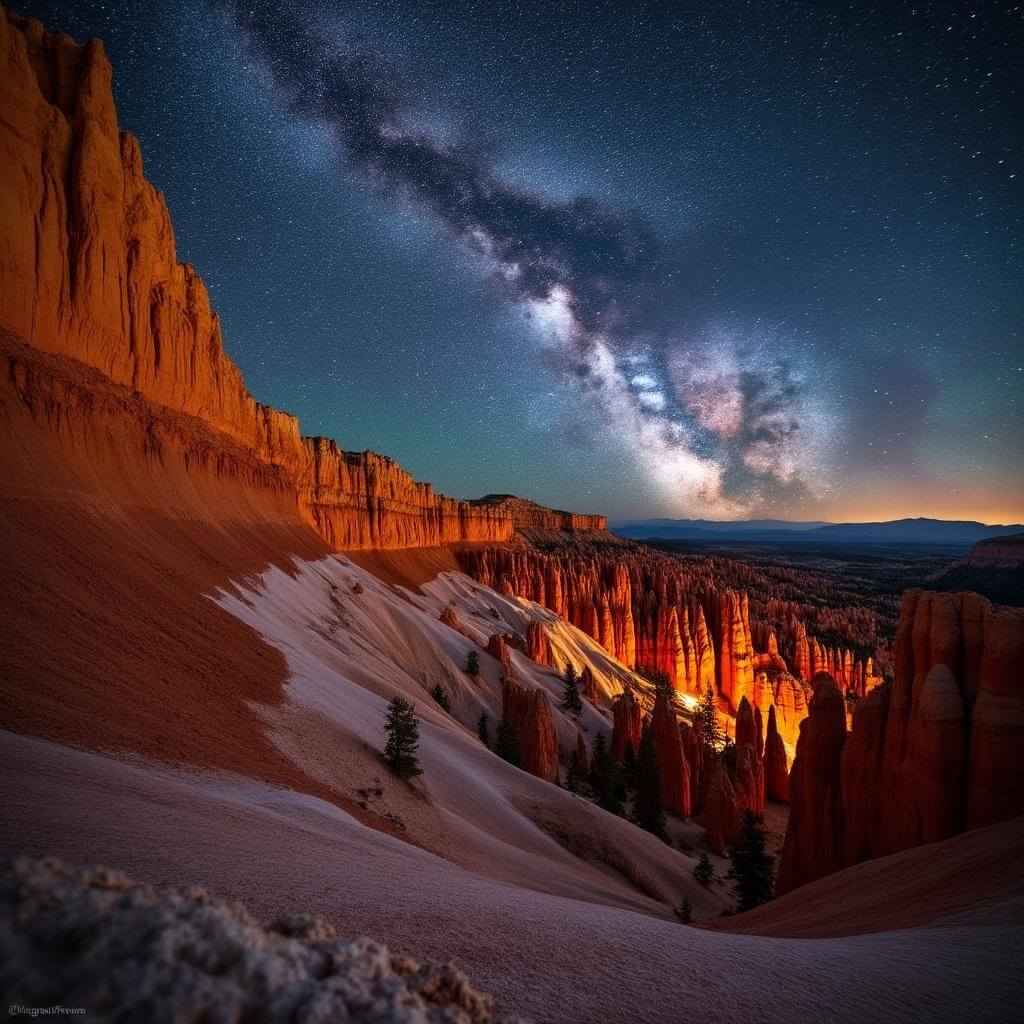 Starry night over the orange and white limestone formations of Cedar Breaks National Monument amphitheater with the Milky Way reflecting on the cliffs below