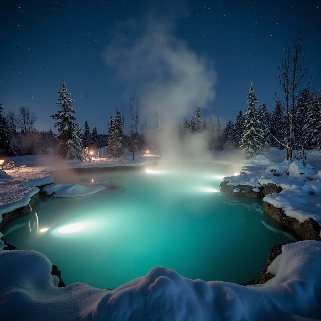 Chena Hot Springs' thermal pool at night with steam rising, snow-covered surroundings subtly lit by underwater lighting, under a starry sky.