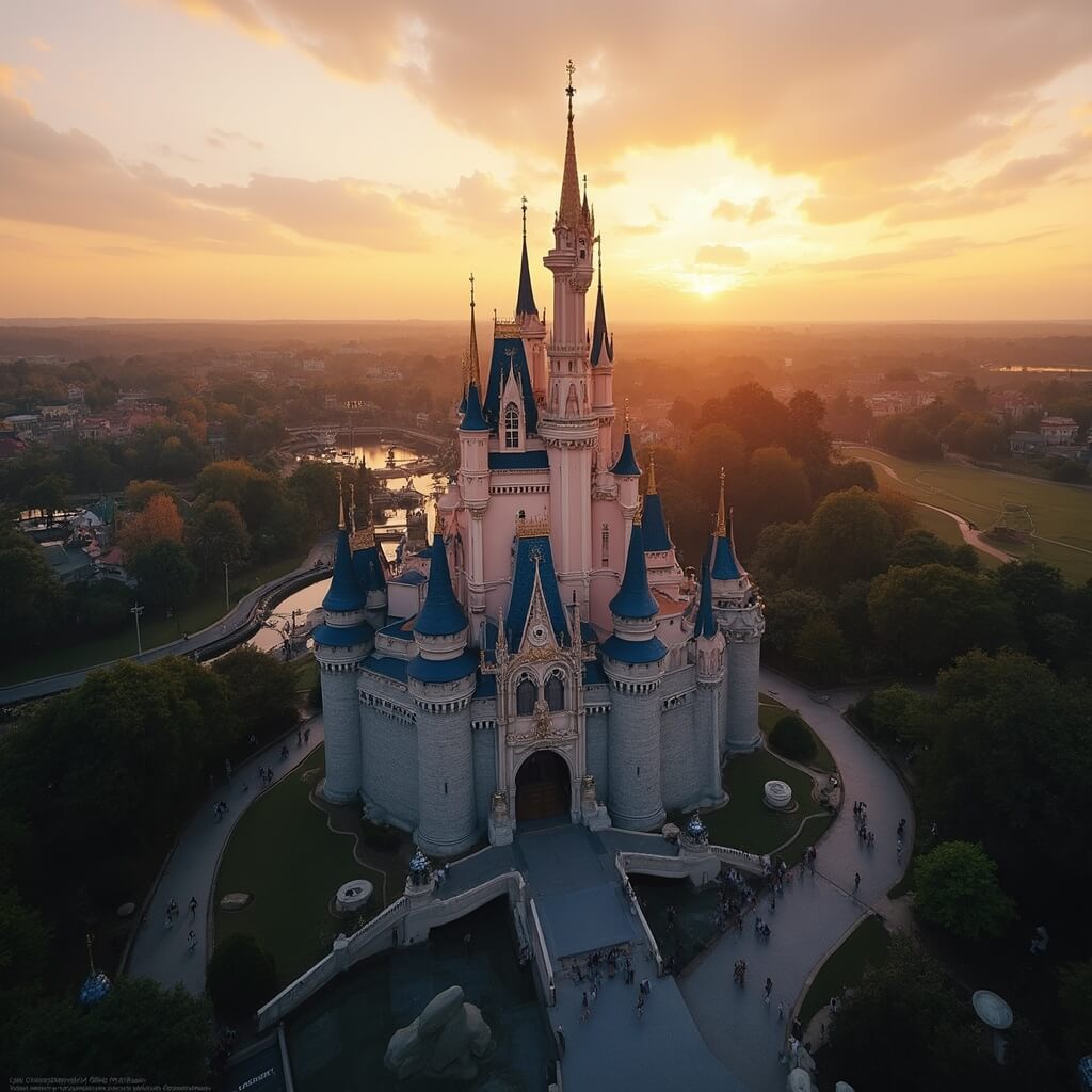 Aerial view of Cinderella Castle at Magic Kingdom during sunset with surrounding park pathways and landscape