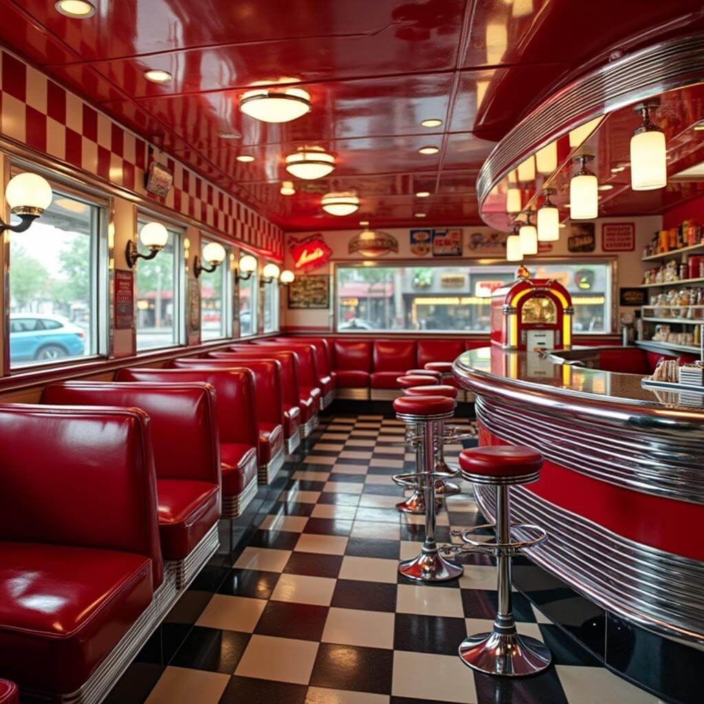 Interior of a nostalgic Route 66 diner featuring polished chrome fixtures, red vinyl booths, a checkered floor, and a curved counter with chrome stools. Warm lighting enhances the shiny surfaces with a vintage jukebox in the corner and a pie display case behind the counter.