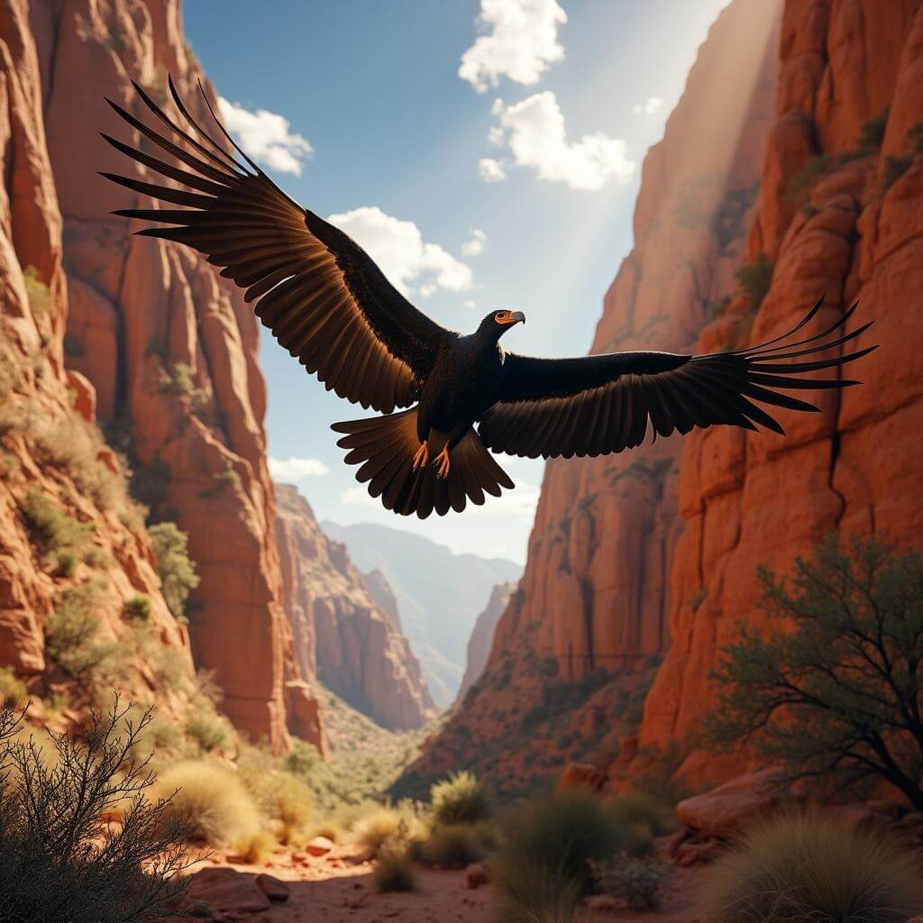 Majestic California condor soaring through a canyon, wings catching the afternoon light, against a backdrop of red sandstone cliffs and sparse desert vegetation