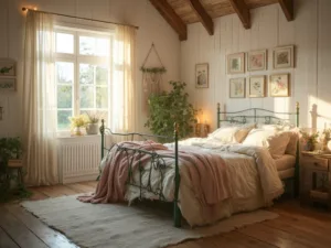 "Cottagecore-inspired bedroom with sage green iron bed, vintage quilts, weathered oak nightstand, antique framed botanical prints, and trailing English ivy plant."