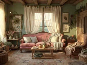 "Cottagecore living room at golden hour with rose velvet Victorian sofa, distressed wooden coffee table, botanical prints, and organic elements"