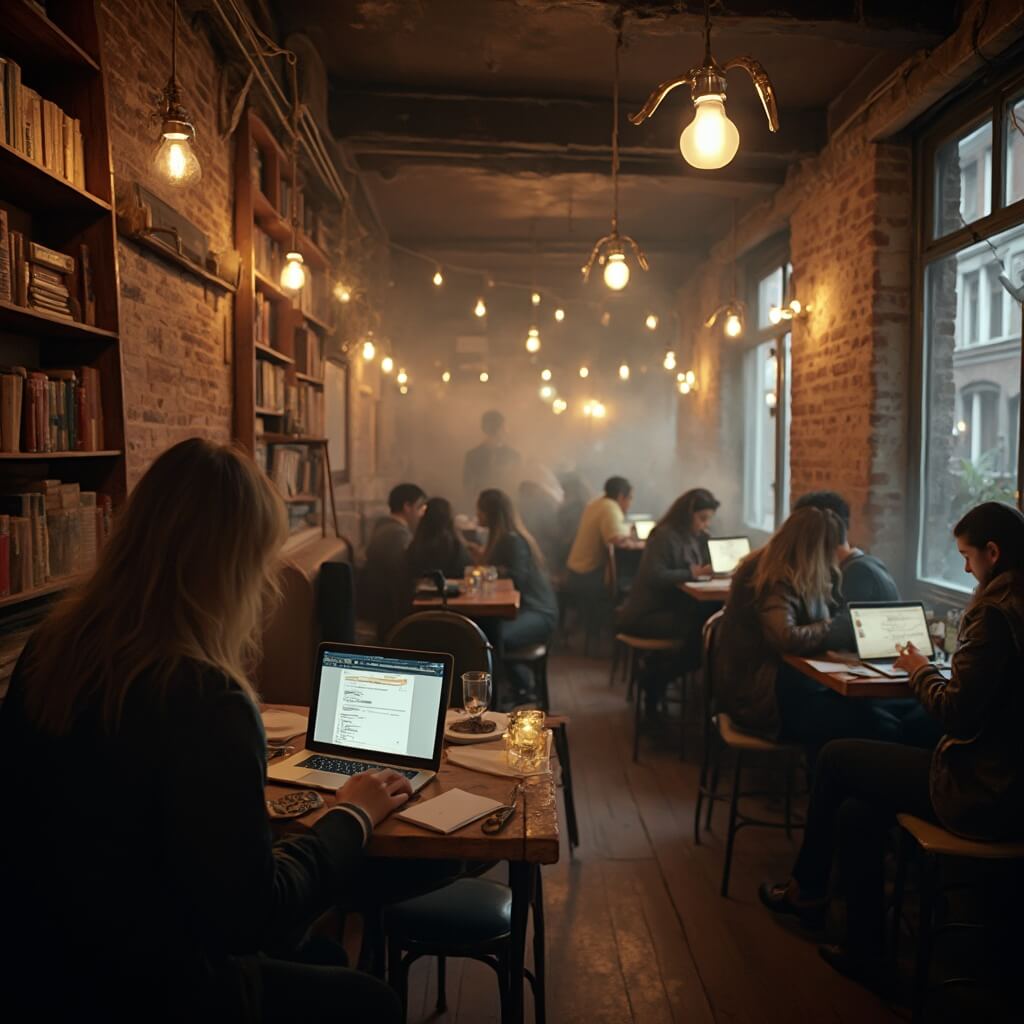 Writers working on laptops in a cozy, intimate literary cafe with warm lighting and exposed brick walls, steam from coffee cups, and soft background conversations creating a creative and inspiring atmosphere