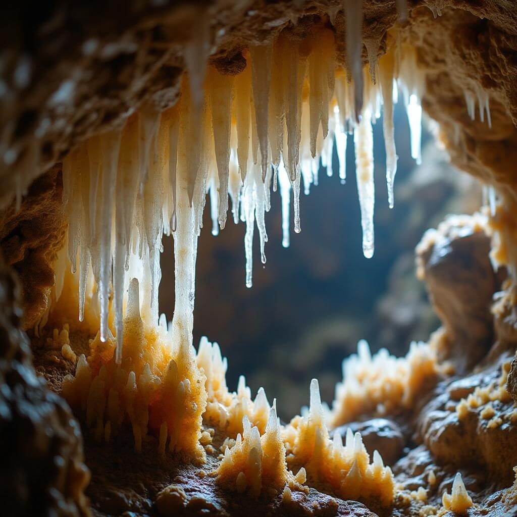 Underground research scene displaying pristine soda straw stalactites and colorful mineral deposits in a crystalline cave under specialized lighting.