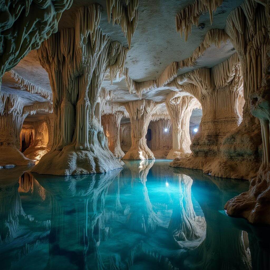 Illuminated limestone cave with stalactites, stalagmites, reflective water pools, and flowstone formations on walls.