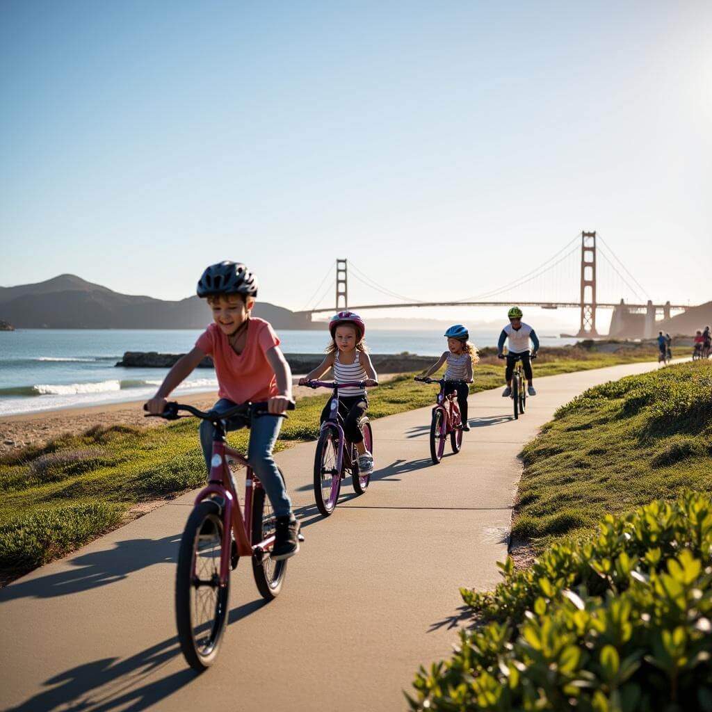 Families cycling on Crissy Field's waterfront path with Golden Gate Bridge in distance, amidst coastal vegetation and beach elements
