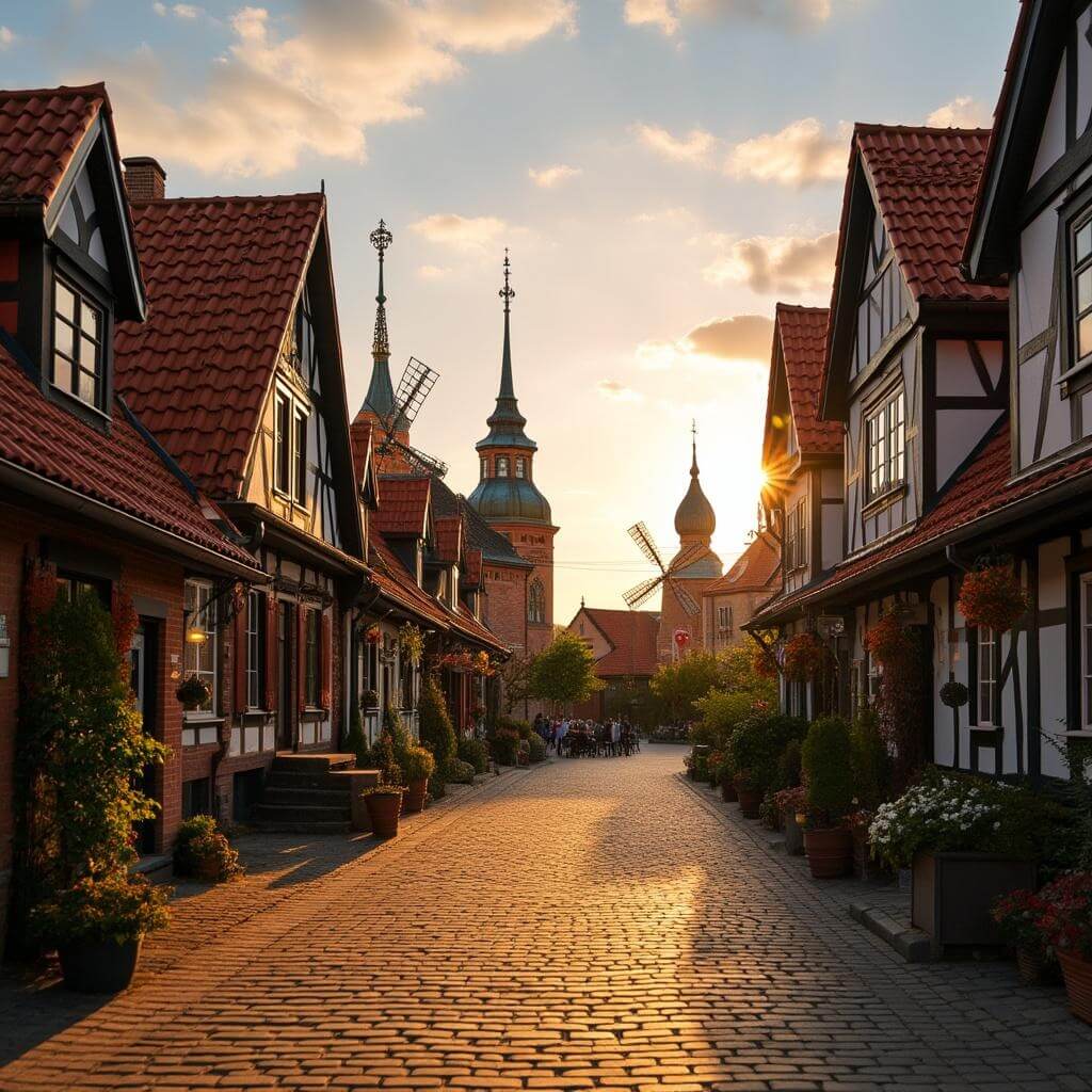 Traditional Danish village street in Solvang at golden hour with half-timbered architecture, red-tiled roofs, and cobblestone paths, and windmills in the background