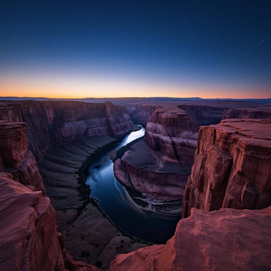 Twilight image of Dead Horse Point State Park with glowing sunset reflecting on Colorado River below, first stars appearing in deep blue sky, and detailed view of red rock formations and cliffs.