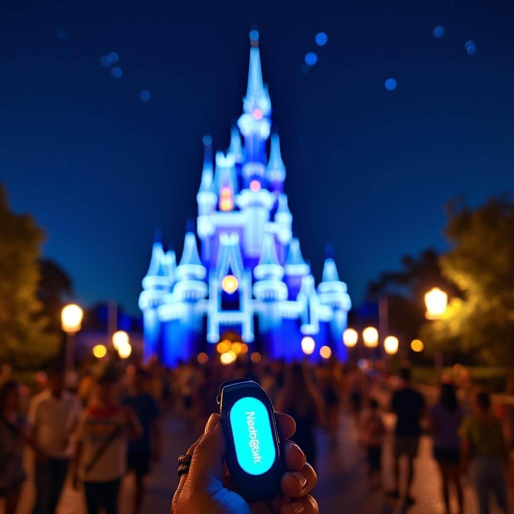 Guest holding up a luminous MagicBand with Cinderella's Castle illuminated in blue and white lights at night, surrounded by softly lit trees under a star-filled sky