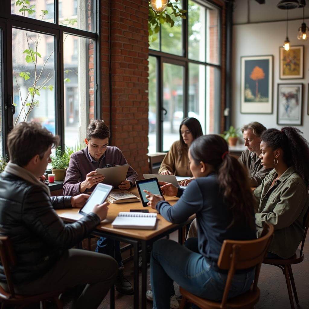 Diverse group of writers attending a workshop in a cozy café with natural light streaming through industrial-style windows, exposed brick walls decorated with local artwork, with some participants using tablets and others using notebooks