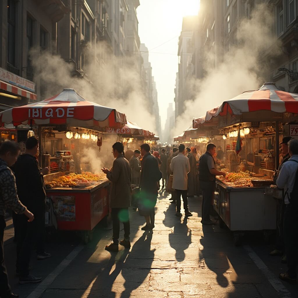 Bustling food cart pod downtown offering various international cuisines, with diverse groups of people enjoying food, warm golden sunlight highlighting the scene