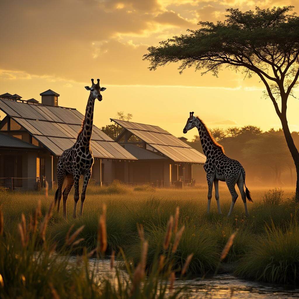 Giraffe grazing near savanna at Disney's Animal Kingdom during golden hour with solar panels and African-styled architecture in the background, highlighting nature and sustainable technology.