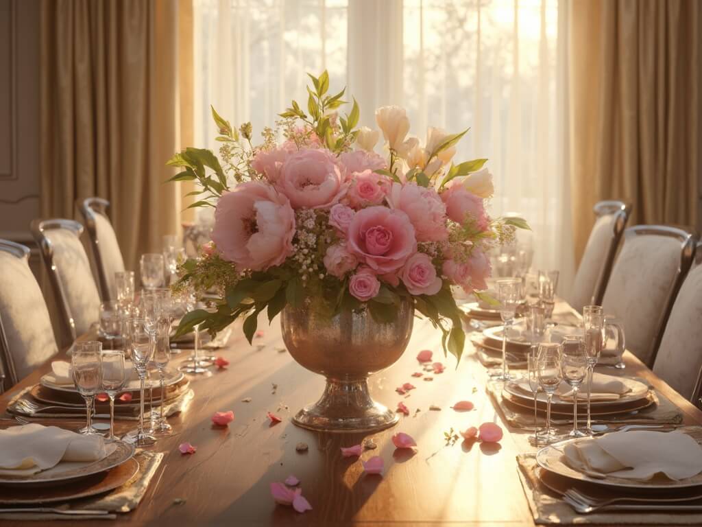 "Elegant Mother's Day dining table centerpiece with cascading pink peonies and white tulips in a mercury glass vase, set in a sunlit room with soft bokeh background."