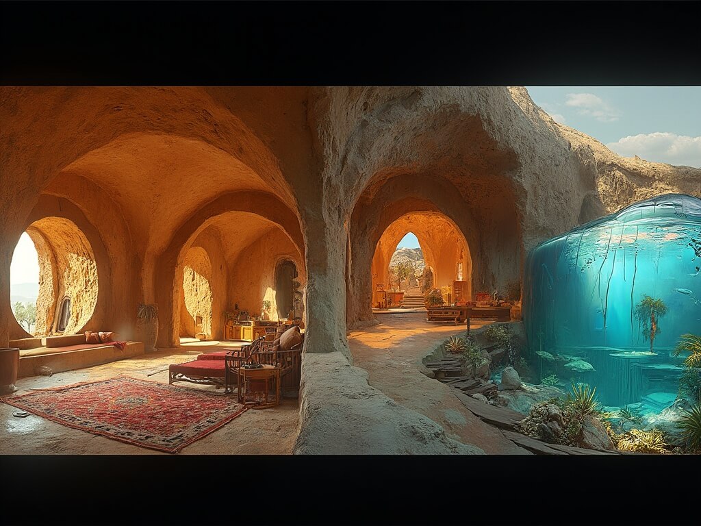 "Panoramic 8K image of seven extraordinary dwellings - a Matmata cave, Cappadocia rock house, Joshua tree modernist home, Gothic church conversion, floating river cabin, underwater lounge and a geodesic greenhouse dome, all captured in cinematic golden light."