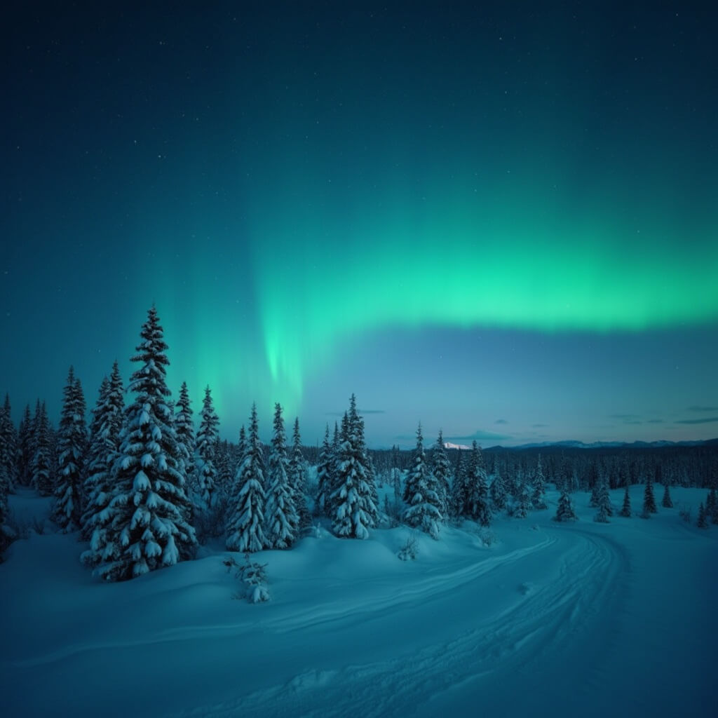 Panoramic night view of Fairbanks featuring snow-covered spruce trees, vast wilderness, and faint green aurora across a clear dark sky