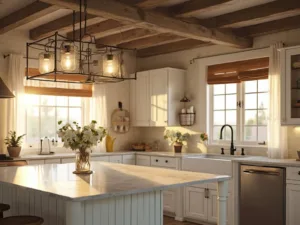 "Farmhouse kitchen with layered lighting, featuring a distressed wood chandelier, mason jar pendant lights, rattan fixtures, and under-cabinet lighting, beautifully illuminated at golden hour."