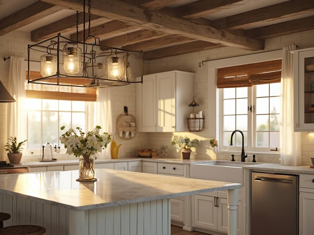 "Farmhouse kitchen with layered lighting, featuring a distressed wood chandelier, mason jar pendant lights, rattan fixtures, and under-cabinet lighting, beautifully illuminated at golden hour."