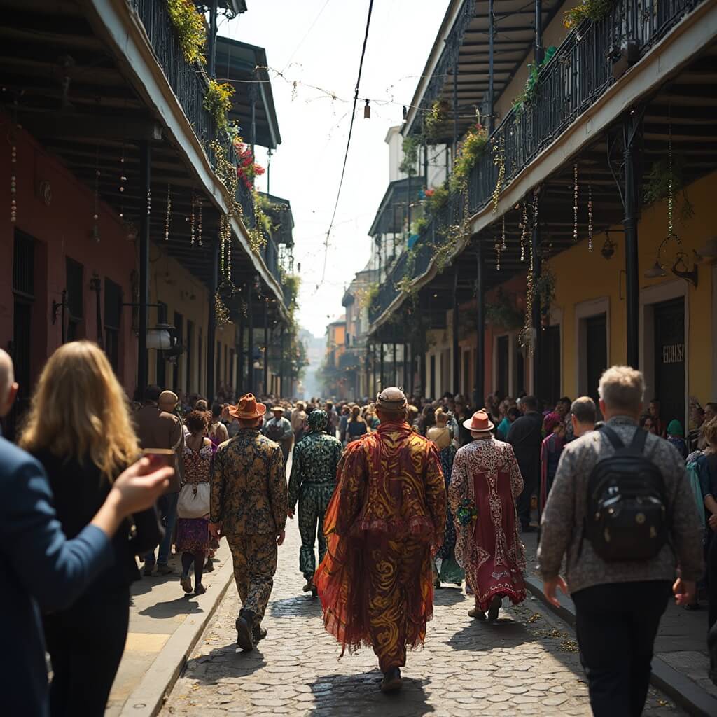 Mardi Gras celebration in French Quarter with traditional architecture, costumed revelers, and decorative beads