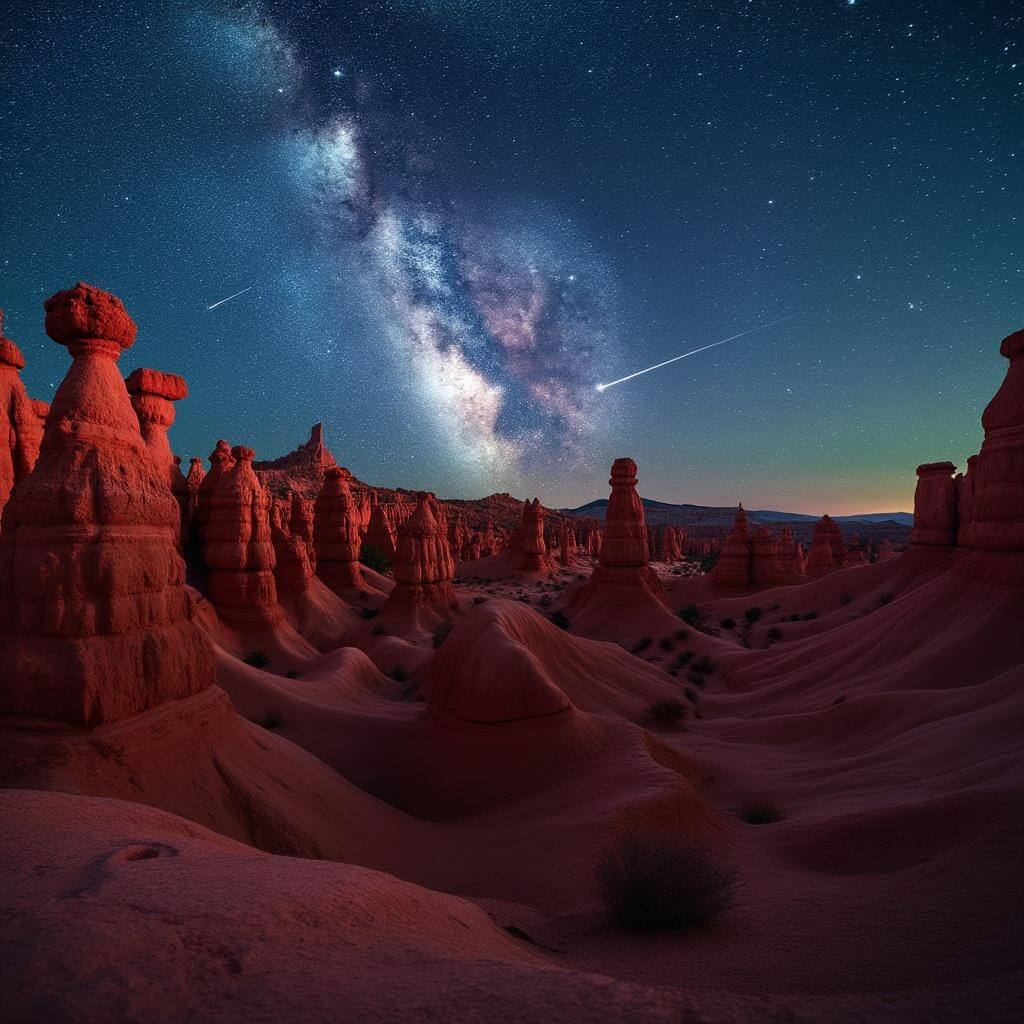 Nighttime view of Goblin Valley State Park with red sandstone formations silhouetted against the Milky Way galaxy under starlight, featuring multiple shooting stars