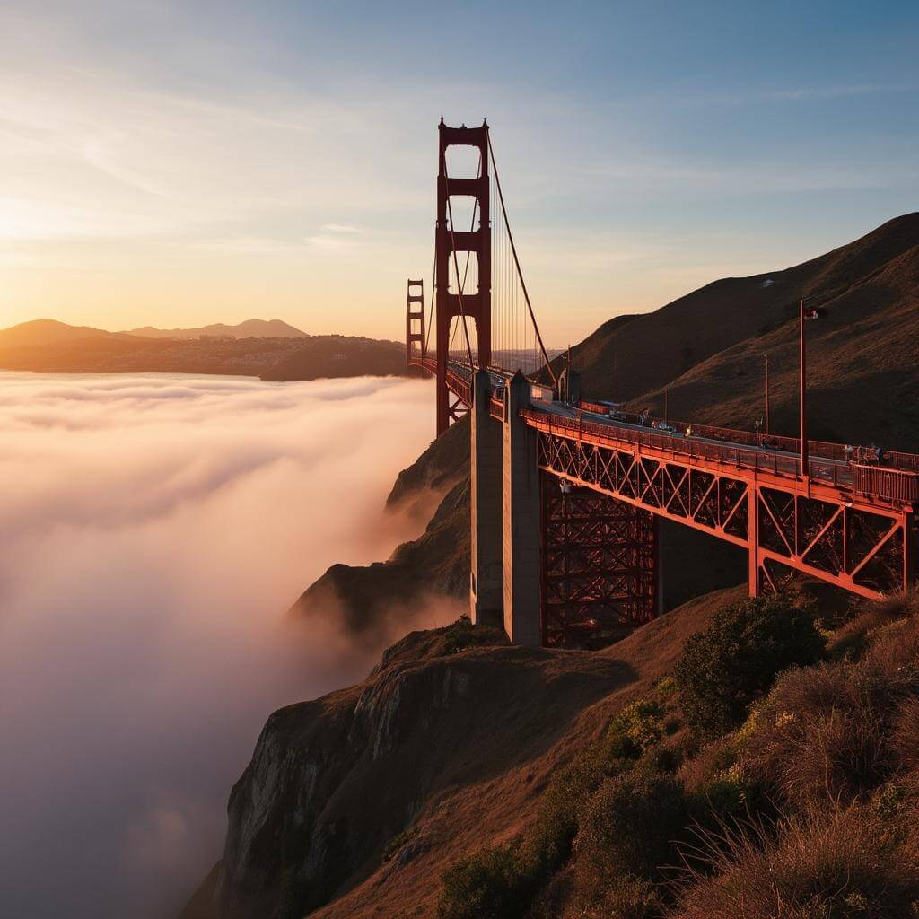 Golden Gate Bridge during golden hour viewed from Battery Spencer viewpoint with fog underneath and the San Francisco cityscape in the background