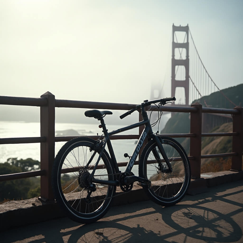 Bicycle leaning against the Golden Gate Bridge in foggy morning light with bridge towers silhouetted in low-hanging clouds over San Francisco Bay