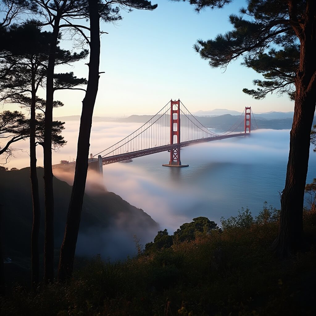 Golden Gate Bridge in soft morning light with fog, framed by silhouetted cypress trees, bridge's orange towers emerging from mist
