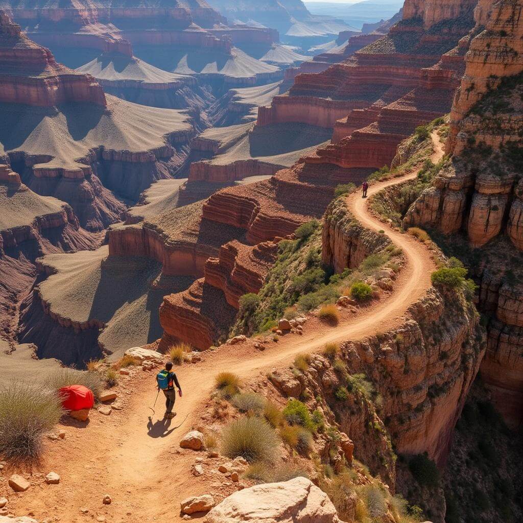 Group of hikers navigating a winding trail through colorful geological layers of the Grand Canyon, their bright gear contrasting with earthy canyon walls