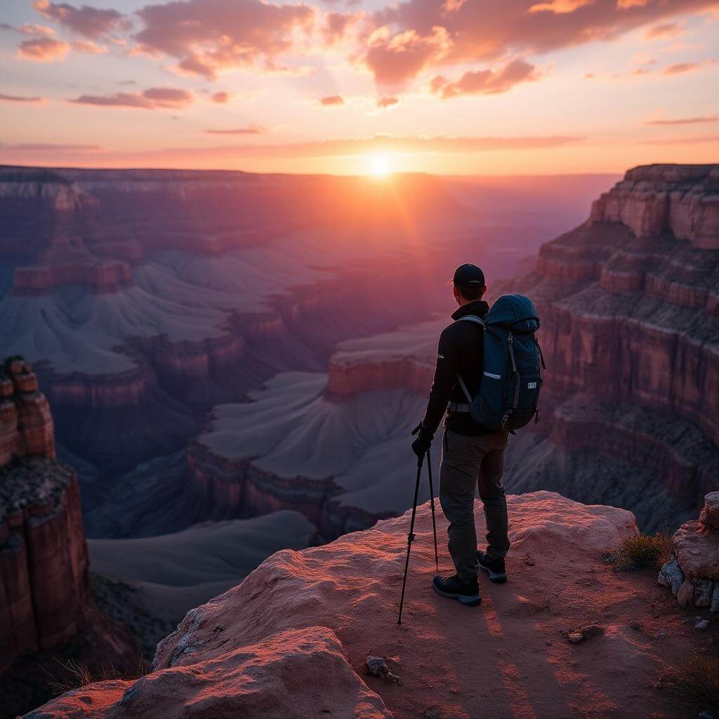 Lone hiker standing at the rim of the Grand Canyon at sunrise, silhouetted against a colorful sky, gazing into the vast red rock formations.