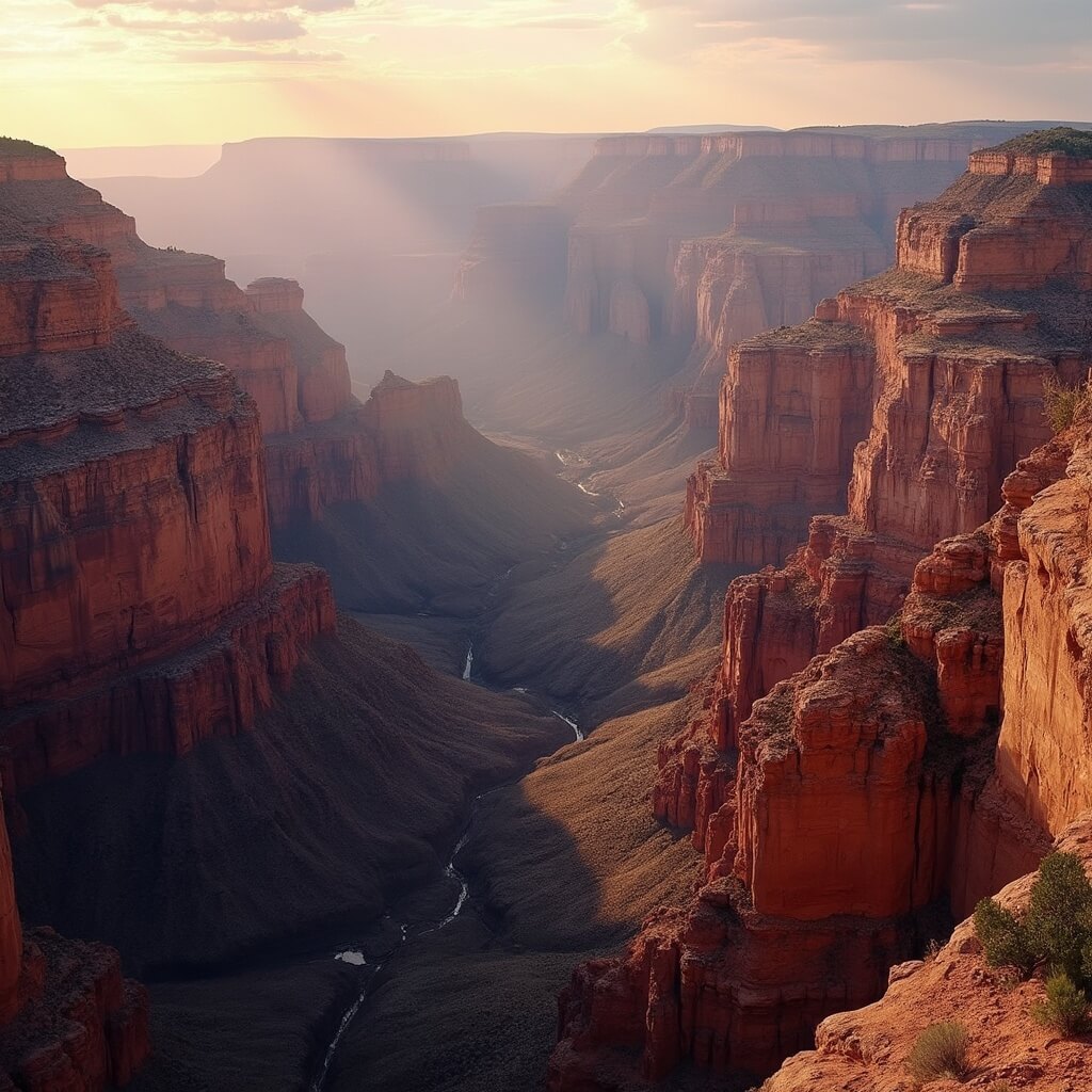 Sunrise over the Grand Canyon showcasing the red and orange rock formations and deep geological strata