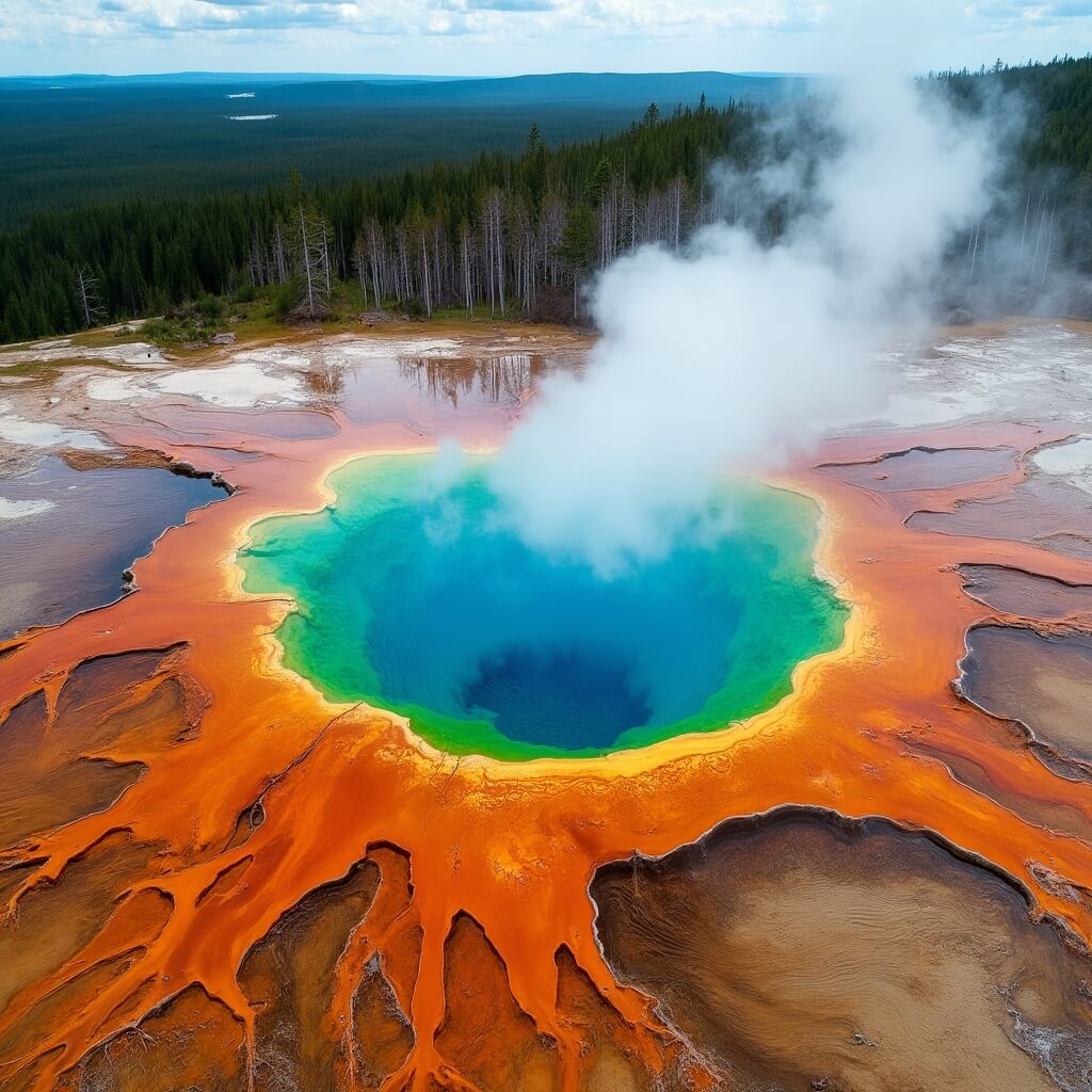 Aerial view of Grand Prismatic Spring with concentric rings of blue, orange, and rust, surrounded by pine forests