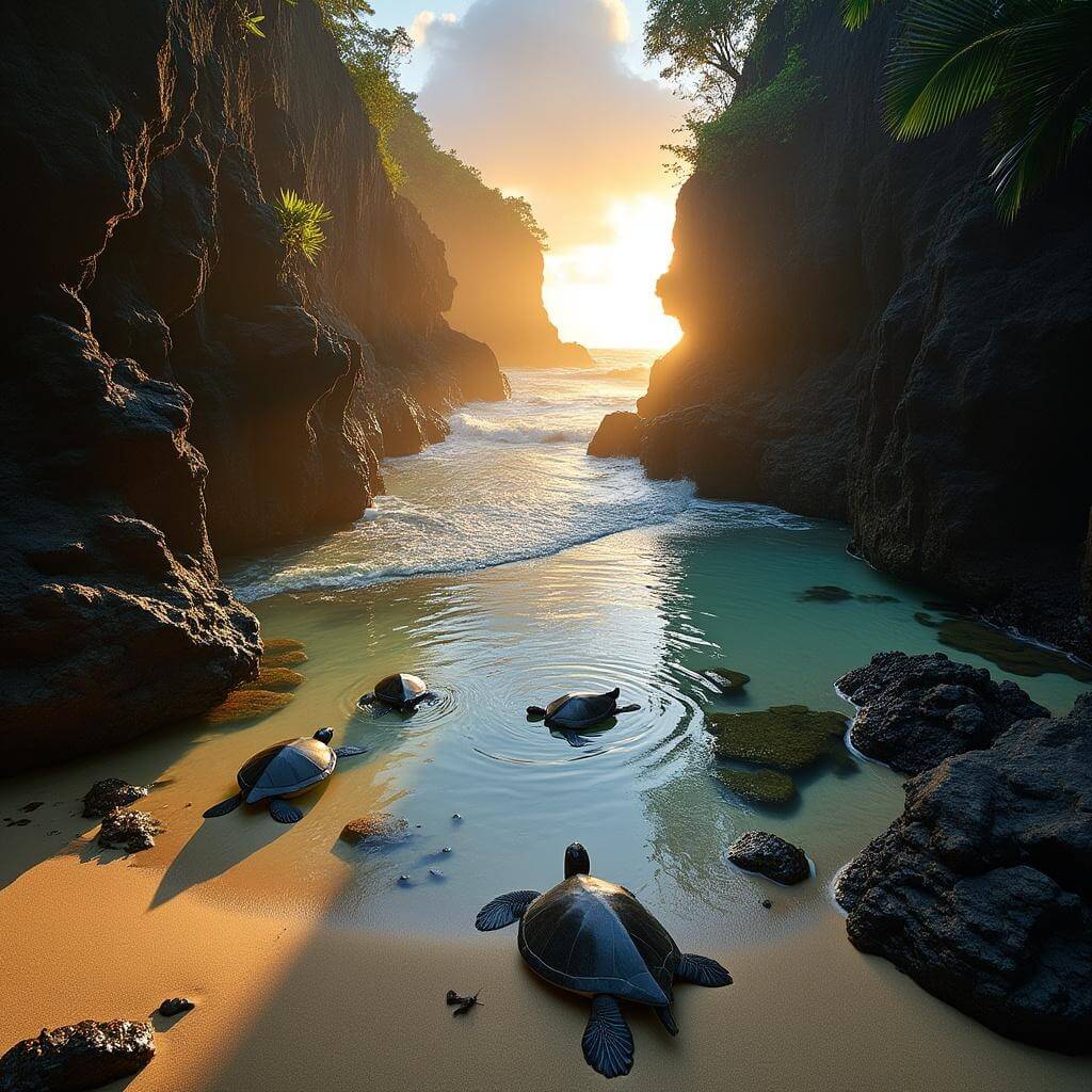 Sunrise view of a hidden cove with golden light illuminating sea mist, tide pools, volcanic rocks, sea turtles on sand and tropical fish in clear water, framed by rock formations and Hawaiian cliffside vegetation.