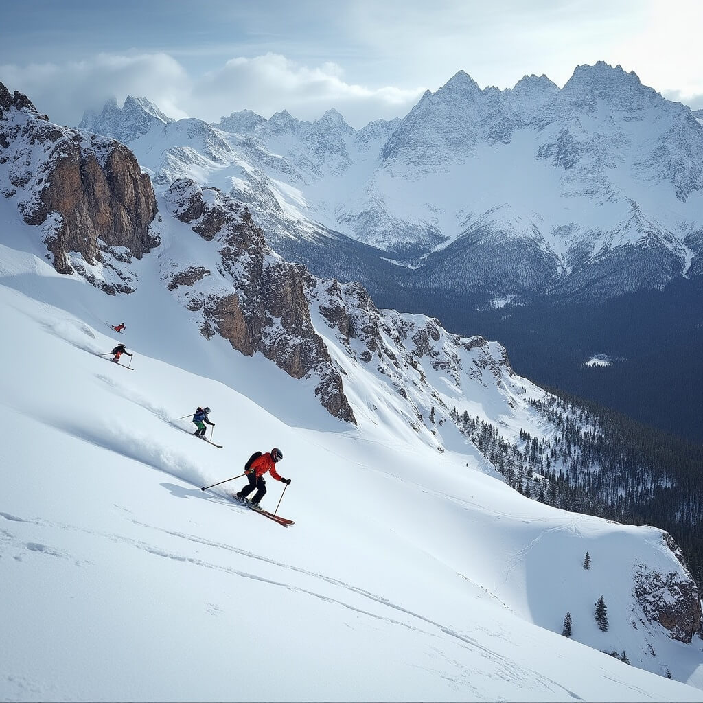 Skiers carving tracks on Highland Bowl's rugged terrain at Aspen Highlands with Maroon Bells mountains at the background