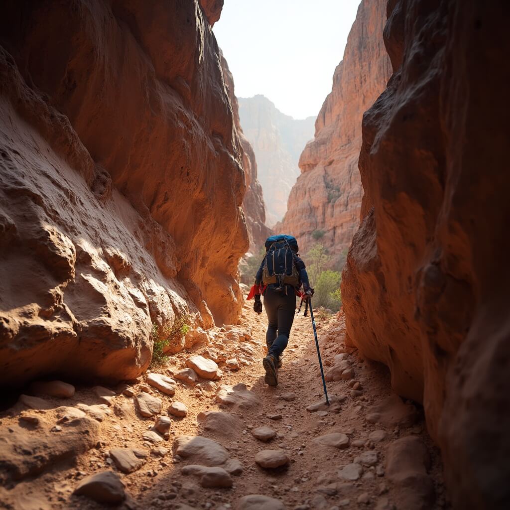 Hiker in technical gear navigating narrow, rocky Bright Angel Trail with steep canyon walls and a deep drop, illuminated by mid-morning sunlight.