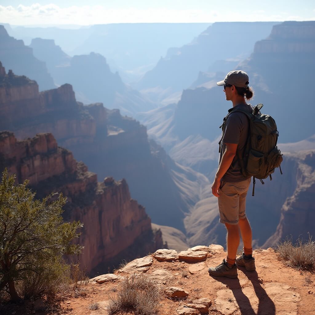 Lone hiker silhouetted against panoramic view of Grand Canyon's geological landscape on South Kaibab Trail