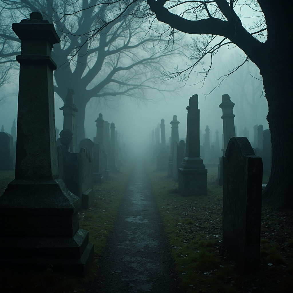 Dramatic morning mist surrounds weathered gravestones in the historic Granary Burying Ground, accentuating ancient trees and the solemnity of the revolutionary-era cemetery