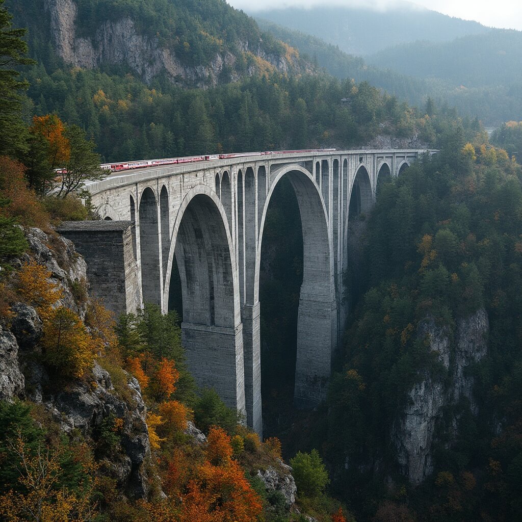 Linn Cove Viaduct curving around mountainside with early autumn forest backdrop